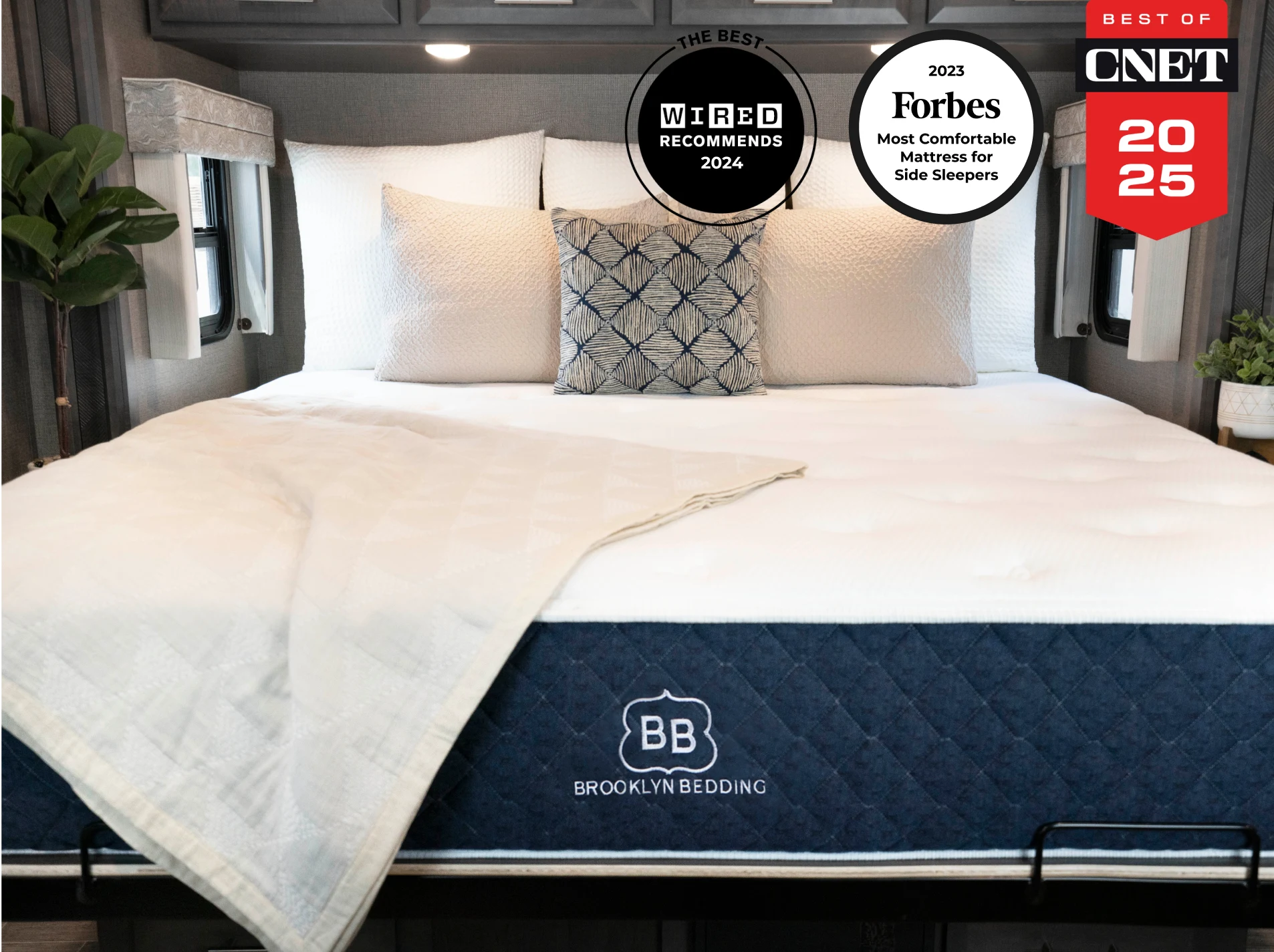 RV Short Queen mattress inside an RV bedroom